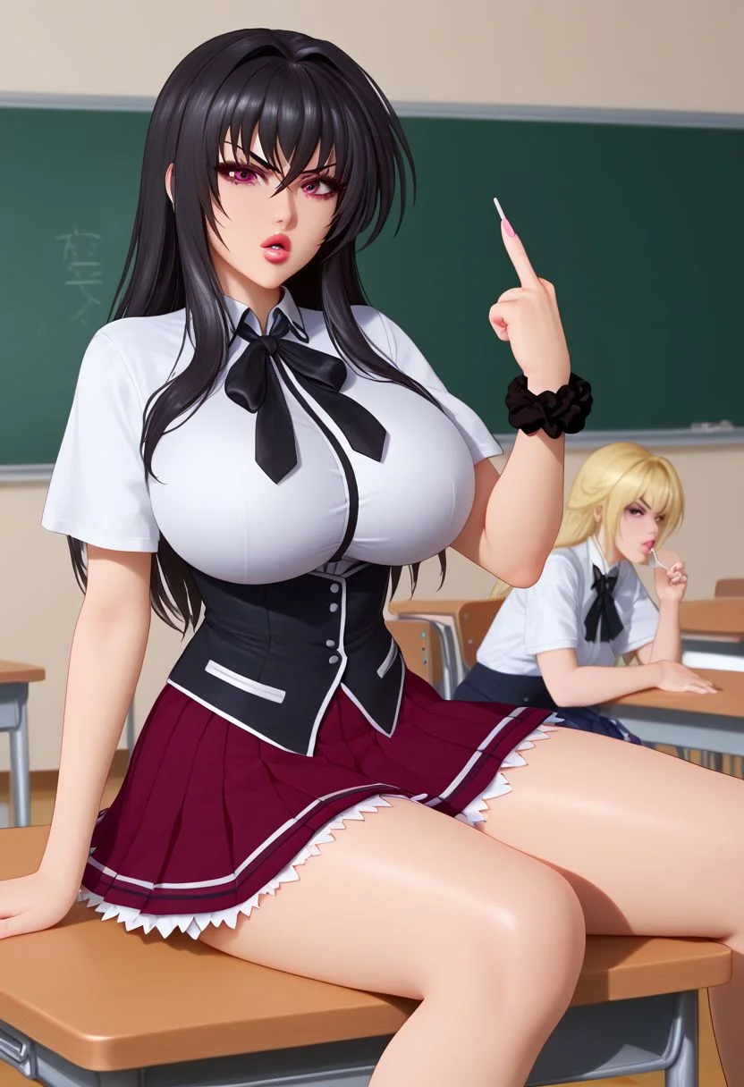 Masterpiece, best quality, high quality, highres, 4k, detailed face, Expressiveh, raynare, black hair, maroon eyes, crossed bangs, long hair, huge breast, wrist scrunchie, parted lips, shiny lips, lipgloss, gyaru, bmbplora, long eyelashes, kuohacademy, school uniform, black capelet, white shirt, black ribbon, neck ribbon, short sleeves, corset, red skirt, pleated skirt, classroom, cowboy shot, from side, sitting on desk, drinking from straw, middle finger, anger mark,