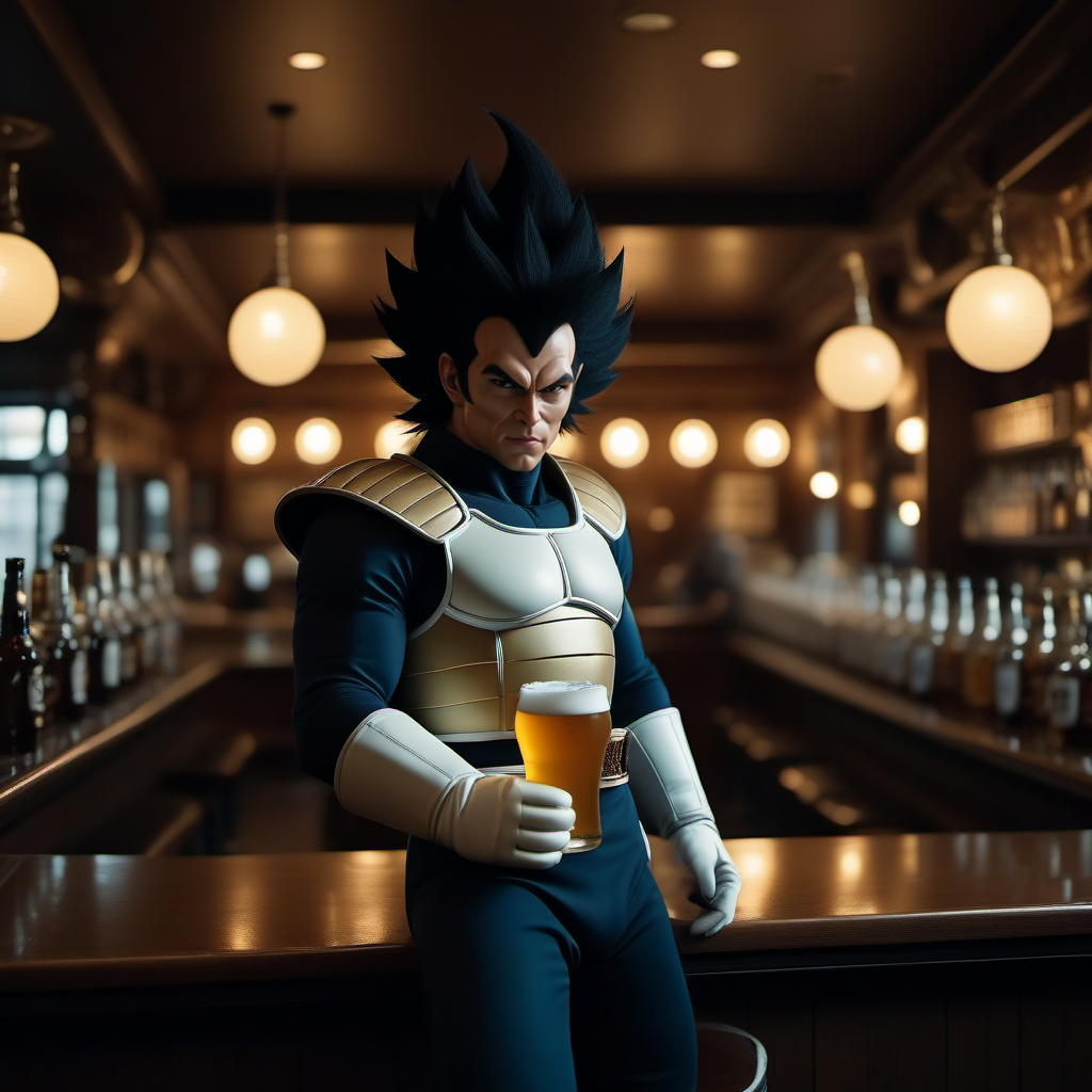 cinematic photo a full body portrait of a man, black spiked hair, saiyan armor, white gloves, white boots, monkey tail, solo, having a beer in a pub <lora:Vegeta1024:0.8> . 35mm photograph, film, bokeh, professional, 4k, highly detailed