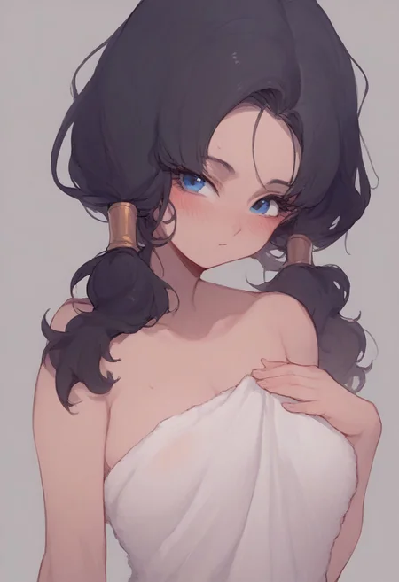 score_9, score_8_up, score_7_up, score_6_up, source_anime, 1girl, videl, black hair, blue eyes, eyelashes, parted bangs, twintails, belly, bare shoulders, blushing, bath towel