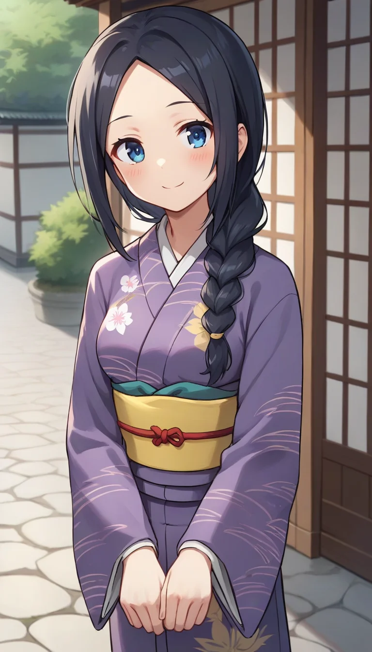 score_9,score_8_up,masterpiece,best quality,correct anatomy,anime_source,1girl,solo,perfect eyes,perfect arms,perfect legs,perfect face,outdoors,upper body,(portrait:1.5),looking at viewer,facing viewer,smile,blush,Miki Tachibana,long hair,black hair,single braid,hair over shoulder,hair between eyes,parted bangs,forehead,blue eyes,japanese clothes,purple kimono,print kimono,yellow obi,sash,wide sleeves,long sleeves,medium breasts,white socks,clog sandals,<lora:Miki Tachibana(huc)-Pony:0.9>,