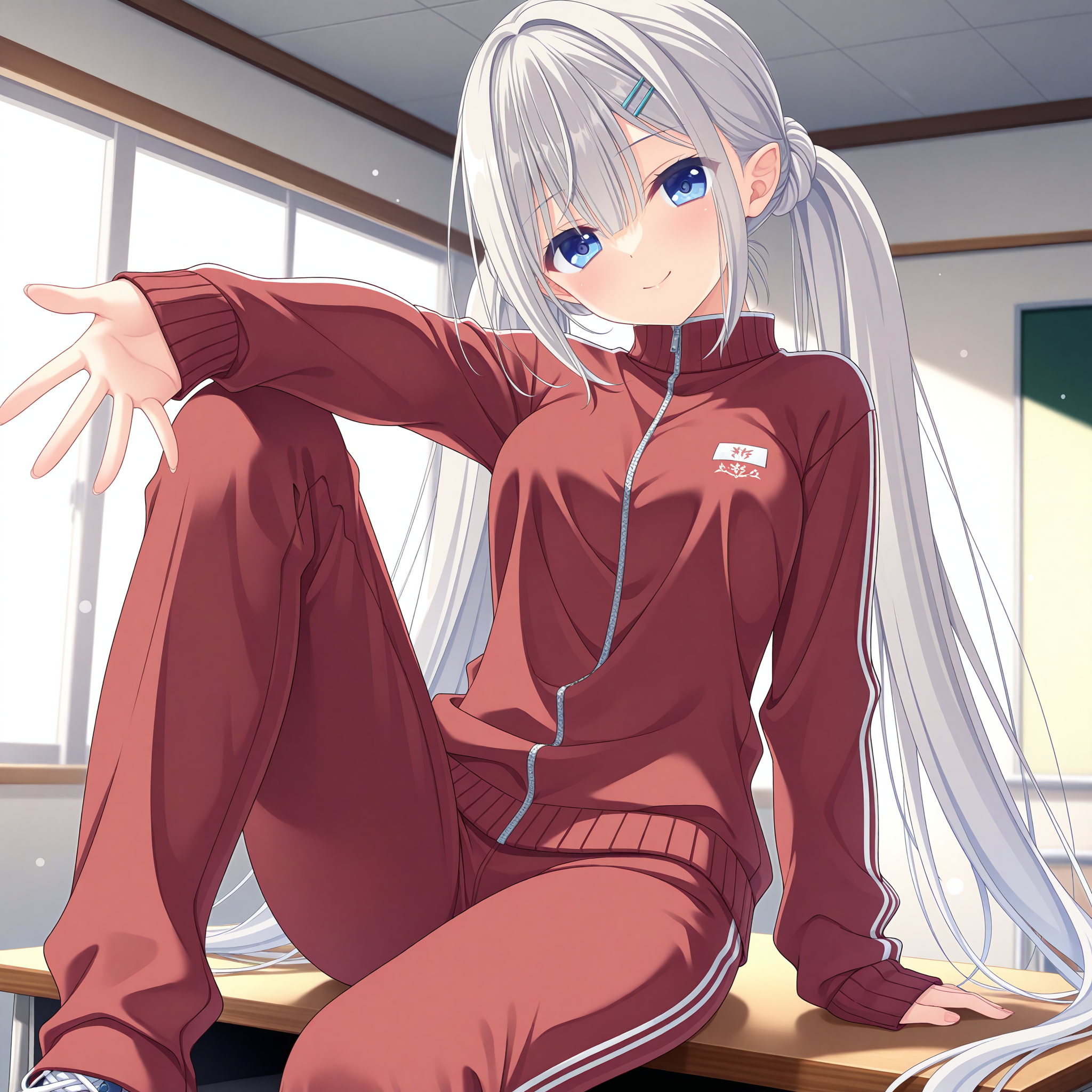 <lora:Sakuragi_Mizuha_1_nai-000045:1>,Sakuragi Mizuha,hairclip,
low twintails,track suit,track jacket,red jacket,red pants,track pants,long sleeves,sleeves past wrists,
BREAK
1girl,solo,sitting,on desk,front view,looking at viewer,indoors,smile,arm support,head tilt,knee up,reaching towards viewers,