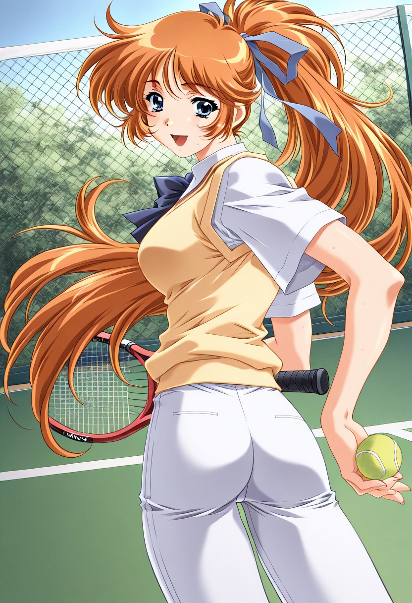 masterpiece, best quality, newest, highres, uncensored, 1girl, yokota mamoru style,1girl, slender face，motion lines, Kobayakawa_Mizuho, blue eyes, very long hair, orange hair, bangs, breasts,Brown Hair , Waist Length hair, Blue Eyes,1990s (style),
1girl, solo, ball, ponytail, racket, tennis ball, tennis racket,long hair, blue eyes, open mouth, looking back, ribbon, school uniform, hair ribbon, smile, sweater vest, sweat,white pants