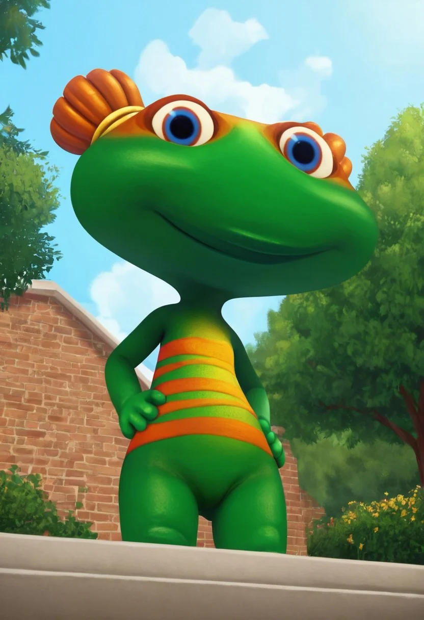lulu zipadoo, 1girl, furry, anthro, female turtle (frog shaped head), green skin, blue eyes, orange eyelid, orange hair, yellow hair ties, pigtails, wide head, chibi, 3 oranges stripes around belly, plump, little tail, wide hips, short body, short legs, score_8_up, score_7_up, BREAK, 1girl, solo, looking at viewer, cute, smirk, from below, hands on hips, head tilt, female focus, looking at viewer, blue sky, outdoors, park, detailed background, 4k, masterpiece, best quality, highly detailed, realistic, low-angle shot, realistic, 3d,