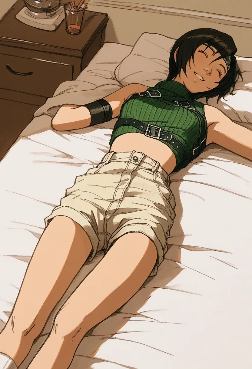 Bpb1,Traditional media,( sketch), (2d:1.2)  ,Score_9, score_8_up, score_7_up, score_6_up ,(yuffie:1.2) , 1girl, solo,  cowboy shot,random scenareo, indoors, lying on bed, arms and legs apart, parted lips, happy, eyes closed, playful, shorts, mid-air