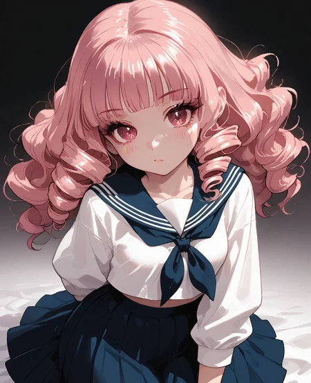 score_9, score_8_up, score_7_up, score_6_up, 1girl, solo, perfect hand, small_breasts ,athletic ,serafuku ,medium_hair ,colorful_hair ,pink_eyes ,drill_hair ,wavy_hair ,blue_eyeliner ,blunt_bangs ,hair_bow ,from_above ,evil ,on_stomach