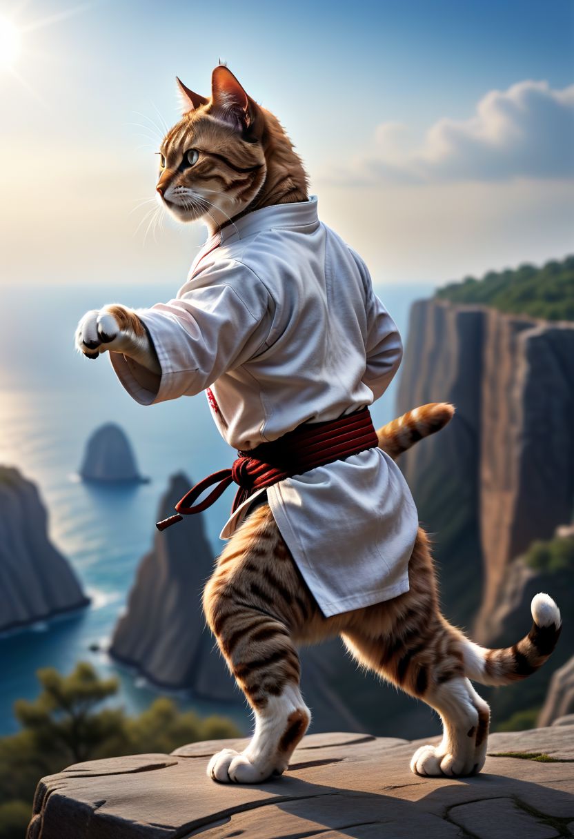Masterpiece, photorealistic, raw photo, high quality, best quality,(HDR:1.4), a cat martial arts, dynamic, a cat is doing martial arts performance on the top of cliff, cinematic angle shot, from behind , bokeh