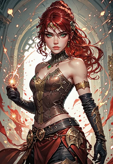 ((zPDXL3)), ((masterpiece,best quality, highly detailed)), ((score_9)), score_8_up, score_7_up, score_6_up, score_5_up, score_4_up, Digital painting style, brushstrokes, ((EnhanceImage)), solo, 1girl, PyrrhaNikosXL, green eyes, red hair, long hair, ponytail, hair between eyes, forehead protector, medium breasts, bare shoulder, gold gorget, cleavage, brown corset, gold armlet, black elbow gloves, single vambrace, black belt, black shorts, red skirt, leg armor, black boots,
Expressiveh, 30yo, adult lustful confident woman, petite, slender body, perky saggy natural breasts, full lips, bangs, sidelocks, straps,
chinese magical sorceress, animated, swirling magic, wisps of magic, dancing pose, tight squeezed outfit, magical accessories, evoking motion, conveying motion, dynamic splash art,
<lora:PainterlyFantasiaPDXL:0.6>,