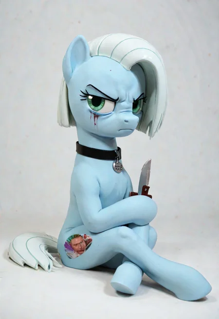 score_9, score_8_up, toony, Tracy Cage, mlp, pony, cyan fur, green eyes, white hair, short hair, collar, holding knife, knife, collar, crossed legs, sitting, bloody background, serious, angry, tsundere