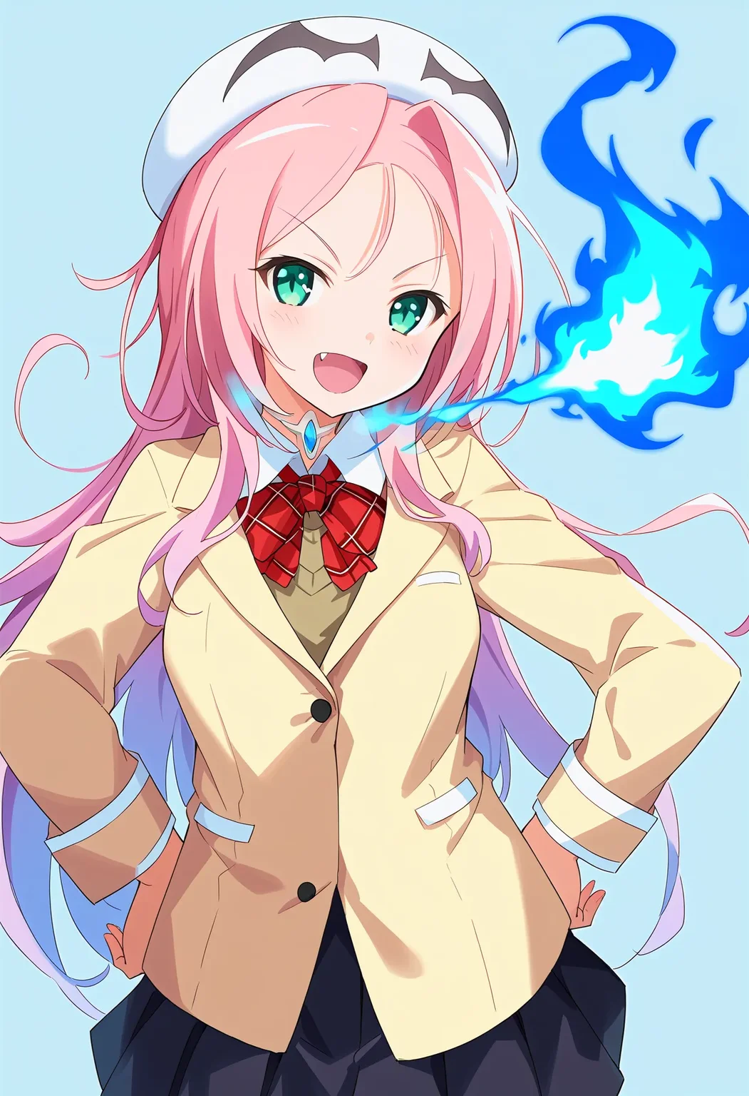 drakoi, score_9, best quality,
simple background, 1girl, long hair, pink hair, forehead, cowboy shot, school uniform, sadistic smile, v-shaped eyebrows, white hat, beige blazer, bow, fang, open mouth, breathing fire, blue fire, hands on own hip, choker, jewerly, green eyes, black skirt, facing viewer
<lora:drakoiXL_pony:1>