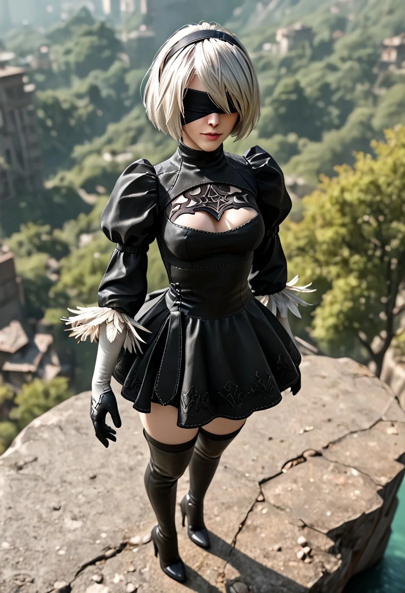 score_9, score_8_up, score_7_up, score_9, score_8_up, score_7_up, 4K, 8K, hd32K, absurdres, detailed closeup anime portrait of 2B, 2BNAXL, blindfold, black blindfold, hairband, white hair, short hair, medium breasts, clothing cutout, cleavage cutout, black dress, puffy sleeves, feather-trimmed sleeves, black gloves, leotard, skirt, black thighhighs, thigh boots, black high heels, BREAK standing on clifftop, looking down on panorama of ruined overgrown city, misty, perfect hands, detailed face, viewed from above and over her shoulder