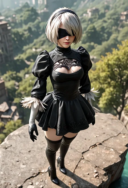 score_9, score_8_up, score_7_up, score_9, score_8_up, score_7_up, 4K, 8K, hd32K, absurdres, detailed closeup anime portrait of 2B, 2BNAXL, blindfold, black blindfold, hairband, white hair, short hair, medium breasts, clothing cutout, cleavage cutout, black dress, puffy sleeves, feather-trimmed sleeves, black gloves, leotard, skirt, black thighhighs, thigh boots, black high heels, BREAK standing on clifftop, looking down on panorama of ruined overgrown city, misty, perfect hands, detailed face, viewed from above and over her shoulder