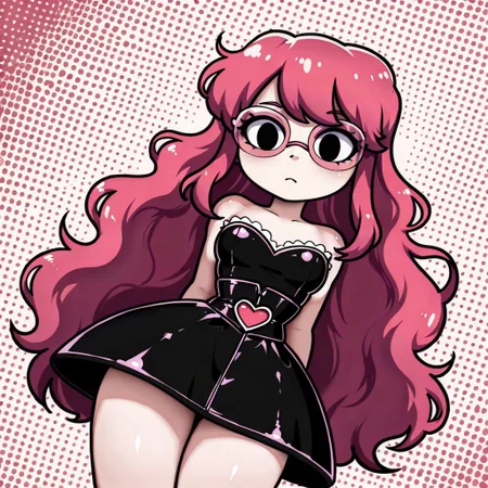 lazypos, character focused, fashionable anime girl, pink rim glasses, long flowing hair, yellow cyan streaks, black corset dress, heart-shaped belt, playful pose, dutch angle, halftone background, orange blue contrast, crosshatched halftones, bold graphic shapes, neon pink lighting, glossy anime eyes, soft fabric texture, colored line art, cel shaded style, dakositostyle