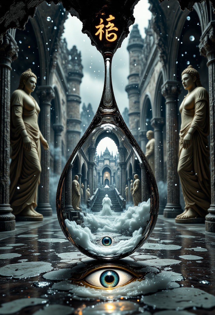 _A single raindrop hanging in mid-air reflects a vast cathedral-like hall that stretches into infinity in all directions, lined with crumbling statues of forgotten deities from lost civilizations—each with a distinct, otherworldly anatomy (eyes in palms, inverted torsos, wings made of calligraphy). Inside the drop, the perspective folds like an MC Escher staircase, and reflected light from ancient bioluminescent runes bounces off every surface. There’s an eerie fog covering the marble floor, and echoes of ghostly prayers take the form of floating ink glyphs. Rendered in photorealistic style with painterly details reminiscent of Zdzisław Beksiński meets Alex Ross.**
, aidmamjv7, aidmamj6.1, aidmaHiDreamStyle