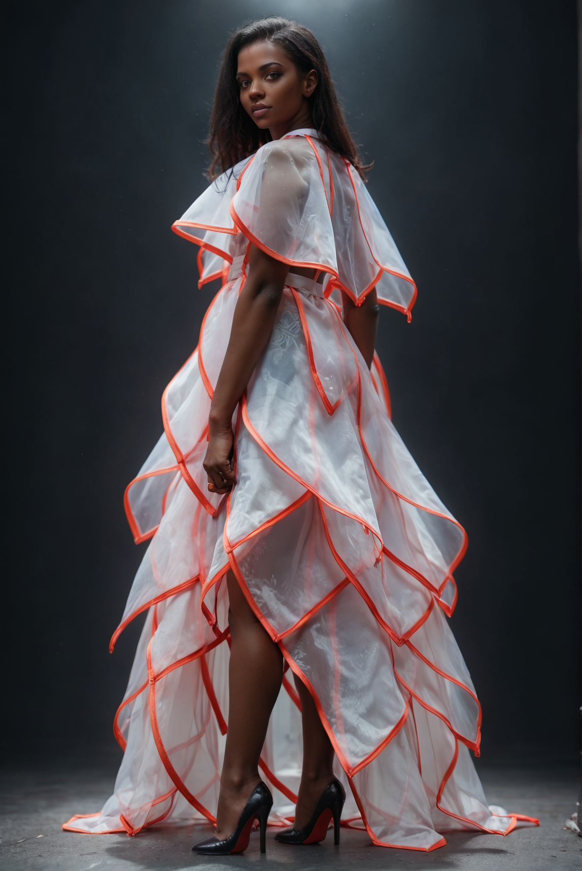 (embedding:Pony_PDXL_Negative_Embeddings\zPDXL2),dark background,1girl,full body,solo,white capelet,white dress,cowboy shot,red capelet,red dress,red trim,arms_behind_back,(black hair:1.1),very-dark skin,brown eyes,looking at viewer,high heels<lora:MyTrainings\Test\Layered_Leaves_Dress_XL_Pony_ARZUMATA.safetensors:1>