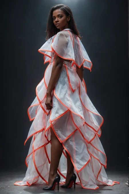 (embedding:Pony_PDXL_Negative_Embeddings\zPDXL2),dark background,1girl,full body,solo,white capelet,white dress,cowboy shot,red capelet,red dress,red trim,arms_behind_back,(black hair:1.1),very-dark skin,brown eyes,looking at viewer,high heels<lora:MyTrainings\Test\Layered_Leaves_Dress_XL_Pony_ARZUMATA.safetensors:1>