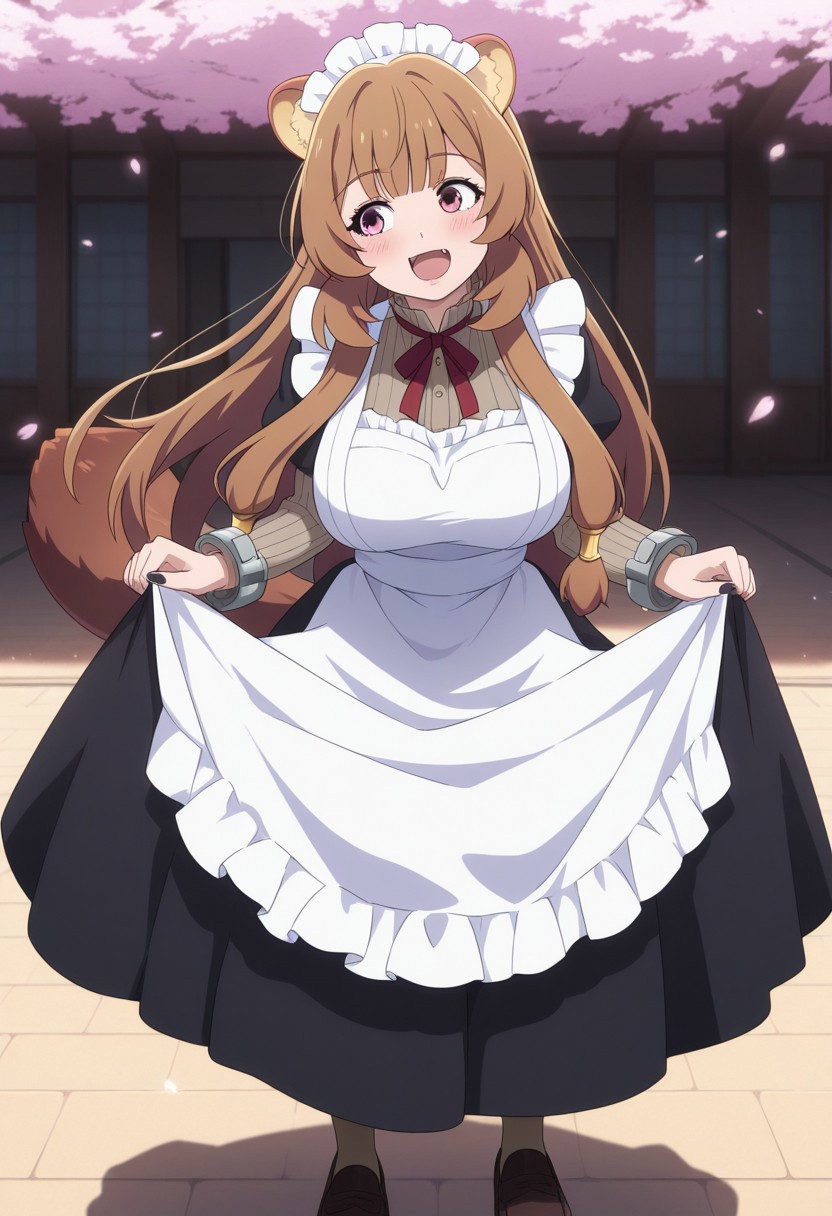 masterpiece, cute, lovely, (best quality:1.3), (amazing quality:1.3), very aesthetic, 1girl, (Kamuo_Style), anime screencap, raphtalia, raccoon ears, fluffy racoon tail, breasts, smiling, open eyes, big eyes, big breasts, blush, close mouth, happy, excited, cell shading BREAK, cherry blossoms background, leaning back, leaning to the side, fangs, smile, black nails, free pose, delicate skin texture, fair skin, delicate face, long eyelashes, pastels, bright tones, wind, light particles, light, bright tones, motion lines, extremely detailed, intricate, delicate details, movie lighting, very beautiful, absurd, dynamic graphics, dynamic angles, special movements, dynamic poses, action poses, dynamic movements, (Illustration: 1.2), (8K Wallpaper), (Beautiful, pretty eyes: 1.2), Delicate eyes, beautiful, soft colors, clear line, soft, pastel, colorful, posing, shadow, head tilted, looking away, standing, upper body , front view, maid uniform, black thighs, maid headwear, apron, loafer, contrapposto, medium long dress, shaded, back lights, lifted by self,