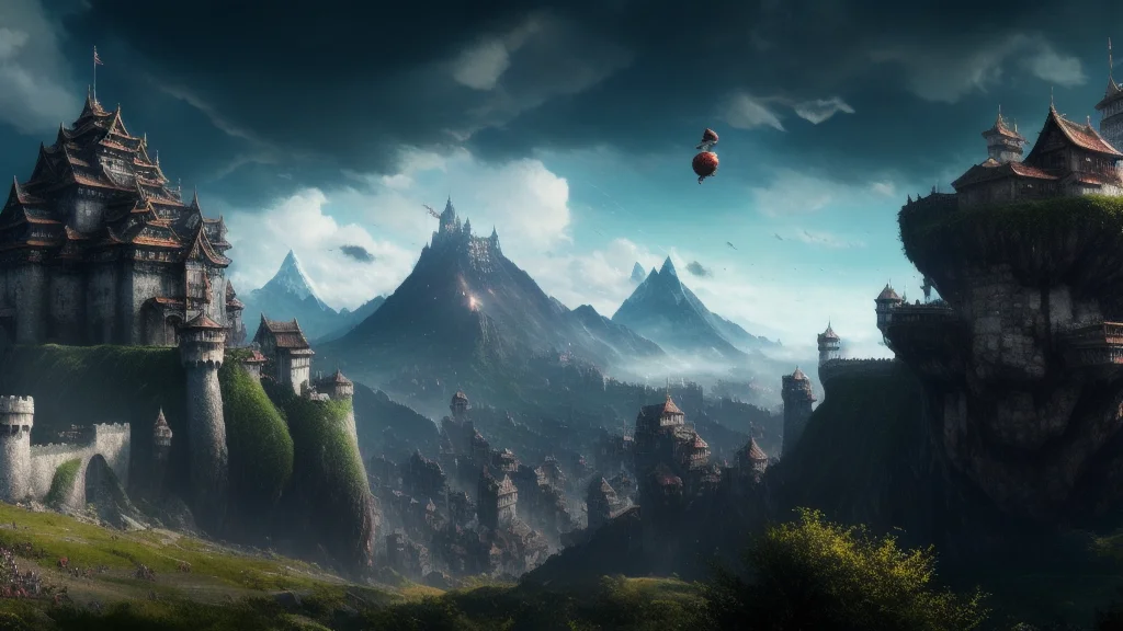 Fantasy,myth, Intricate dynamic action shot of floating Mountains and a flying great castle in the sky off the ground, wide angle,
cinematic Alessandro Casagrande, Greg Rutkowski, Sally Mann, concept art, ,style of dark souls,
2 atmosphere,detailed face and eyes,Masterpiece, best quality, highly detailed photo:1, 8k, detailed face,photorealistic