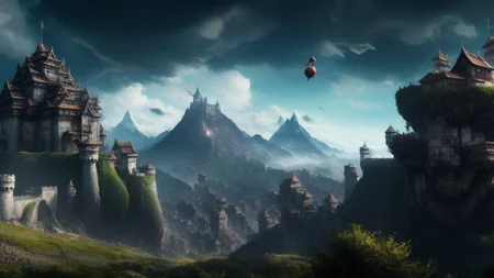 Fantasy,myth, Intricate dynamic action shot of  floating Mountains and a flying  great castle in the sky off the ground, wide angle,
cinematic  Alessandro Casagrande, Greg Rutkowski, Sally Mann, concept art, ,style of dark souls,
2 atmosphere,detailed face and eyes,Masterpiece, best quality, highly detailed photo:1, 8k, detailed face,photorealistic