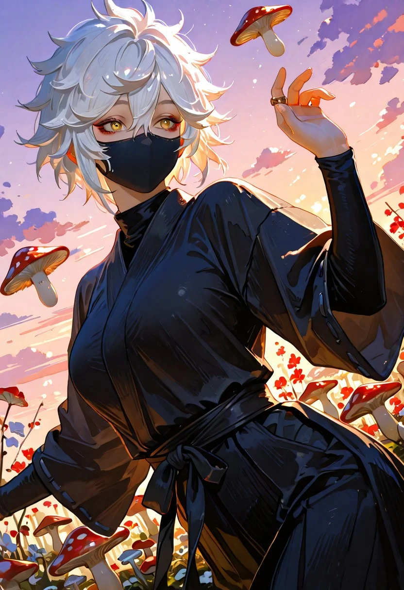 1girl, genderswap \(mtf\), genderswap, solo, gabimaru_jigokuraku, white hair, yellow eyes, hair between eyes, short hair, messy hair, , mouth mask, fairy grove, flower rings, light motes, mushroom circles, dancing pose, joyful expression, twilight,
masterpiece, best quality, amazing quality,
gabimaru_jigokuraku, gabimaru jigokuraku,
<lora:Detailer_NoobAI_Incrs_v1:0.75>, masterwork, masterpiece, best quality, dynamic lighting , dynamic pose,, dynamic angle, , , (lineless:1.2), detailed, depth of field, dynamic lighting, blurry, (cheekbones:0.85), (realistic:1.2)
adult, aged up,, ultra-HD, cinematic lighting, photorealistic, (impressionism:1.5), high detail ,masterpiece, best quality, very aesthetic, 8k, perfect eyes