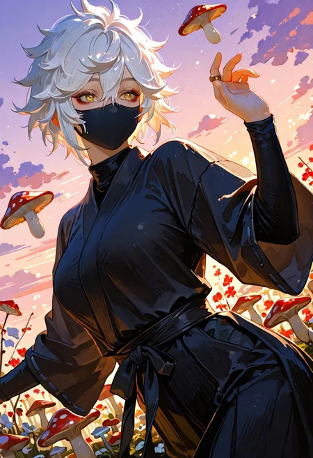 1girl, genderswap \(mtf\), genderswap, solo, gabimaru_jigokuraku, white hair, yellow eyes, hair between eyes, short hair, messy hair, , mouth mask, fairy grove, flower rings, light motes, mushroom circles, dancing pose, joyful expression, twilight,
masterpiece, best quality, amazing quality,
gabimaru_jigokuraku, gabimaru jigokuraku,
<lora:Detailer_NoobAI_Incrs_v1:0.75>, masterwork, masterpiece, best quality, dynamic lighting , dynamic pose,, dynamic angle, , , (lineless:1.2), detailed, depth of field, dynamic lighting, blurry, (cheekbones:0.85), (realistic:1.2)
adult, aged up,, ultra-HD, cinematic lighting, photorealistic, (impressionism:1.5), high detail ,masterpiece, best quality, very aesthetic, 8k, perfect eyes