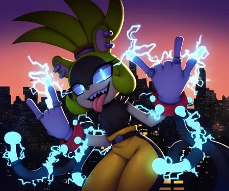 solo, surge the tenrec, glowing eyes, dynamo, female, ring piercing, simple background, smile, tongue out, devilhorns, electromancy, looking at viewer, cityscape, by hyperstorm h, cinematic lighting, best quality, highly detailed, <lora:SurgeXL_030-Noob-nd64-lr2-ep26:1>