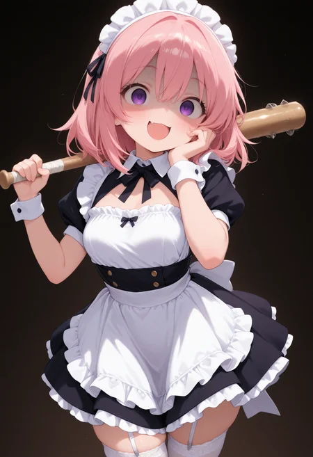 masterpiece, best quality, safe, 
girl, CivChan, solo, petite, pink hair, medium hair, (hair hair between eyes:1.2), purple eyes, snake mouth, looking at viewer, happy, :d, blush, medium breasts, (shaded face:0.8), 
black maid, short sleeves, maid headdress, thighhighs, white legwear, standing, hand on own cheek, holding, baseball bat over shoulder, cowboy shot, dark background 
<lora:CivChan:1>