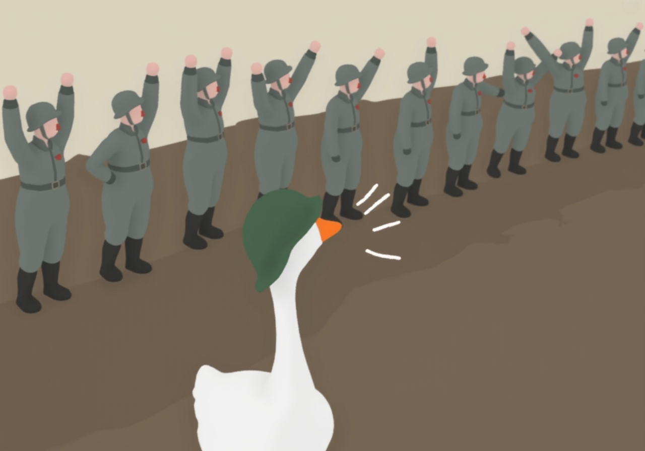 overhead perspective g00se art with smooth textureless style with muted pastel palette of a goose honking with sound lines wearing a green ww2 helmet, in front of it a line of defeated german ww2 soldiers in gray uniforms with their both of their arms raised in an act of surrender, in a war torn no man's land battlefield<lora:g00se.safetensors:1.0:1.0>