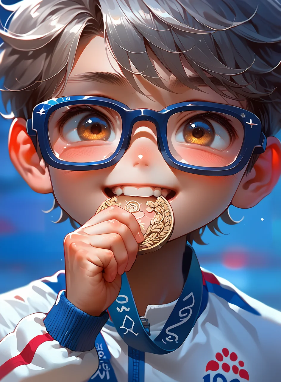 score_9, score_8_up, score_7_up, a cute boy biting a silver Olympic medal, <lora:olimedbitepxl:0.8>, olimedbitepxl, 1boy, closeup, focus on face, best quality, masterpiece, adorable, anime, cartoon, 2d, olympics, glasses, chibi