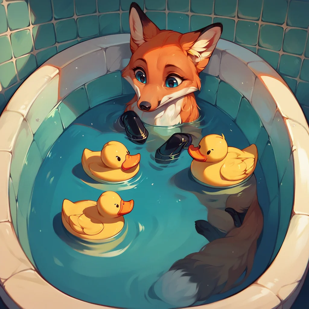 score_9, score_8_up, score_7_up, score_6_up, score_5_up, <lora:f0xXLP:1> fox, f0x, cute, bath, rubber duck,
