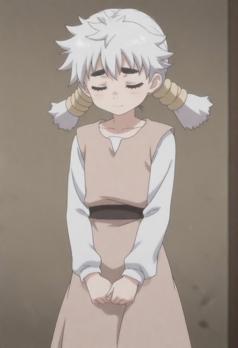 masterpiece, best quality, anime screenshot, anime, masterpiece,, 
RUNNY NOSE,
CLOSED EYES,
WHITE HAIR, THICK EYEBROWS, LONG SLEEVES, TUNIC, BELT, LONG DRESS, COLLARBONE, VEST, BLACK EYEBROWS, 1GIRL, TWINTAILS, WHITE SHIRT, THICK_BANDS, BEIGE_BANDS, SPIKED_HAIR,