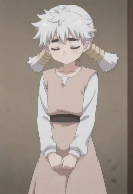 masterpiece, best quality, anime screenshot, anime, masterpiece,,
RUNNY NOSE,
CLOSED EYES,
WHITE HAIR, THICK EYEBROWS, LONG SLEEVES, TUNIC, BELT, LONG DRESS, COLLARBONE, VEST, BLACK EYEBROWS, 1GIRL, TWINTAILS, WHITE SHIRT, THICK_BANDS, BEIGE_BANDS, SPIKED_HAIR,