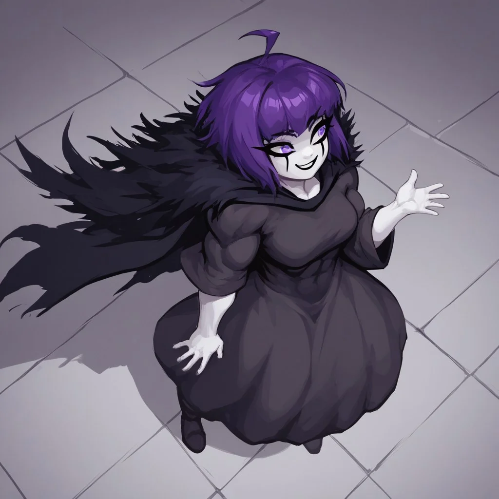 (masterpiece, score_9, score_8_up, score_8:1.3), eve_the_sorceress, solo, purple hair, 1girl, short hair, colored skin, purple eyes, ahoge, bangs, (long dress:1.1), long sleeves, wide sleeves, (white face:1.3), white hands, smile, cape, thick thighs, (fur trim around shoulders:0.2), medium breasts, makeup, (muscular female:0.2), (shortstack:0.5), (dark skin:0.5), from above,