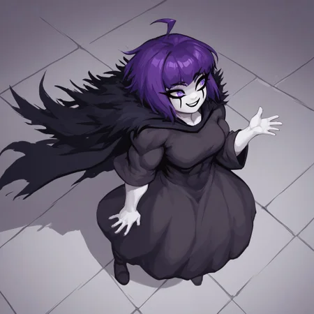 (masterpiece, score_9, score_8_up, score_8:1.3), eve_the_sorceress, solo, purple hair, 1girl, short hair, colored skin, purple eyes, ahoge, bangs, (long dress:1.1), long sleeves, wide sleeves, (white face:1.3), white hands, smile, cape, thick thighs, (fur trim around shoulders:0.2), medium breasts, makeup, (muscular female:0.2), (shortstack:0.5), (dark skin:0.5), from above,