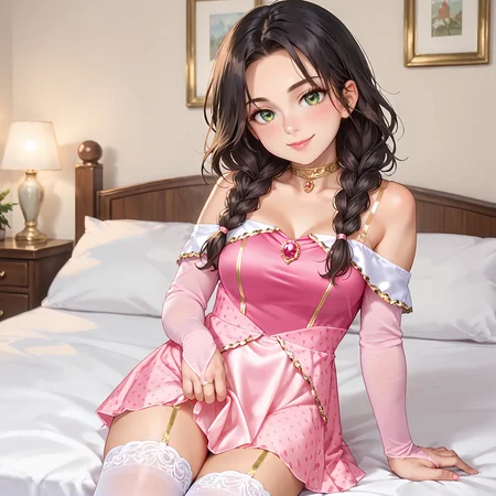 cinematic film still score_9, score_8_up, score_7_up,source_anime, (solo), 1woman, (pale skin:0.9), black hair, twin braids, green eyes, seductive smile, blush, head tilt, (leaning to the side), reclining, medium breasts, bedroom, sitting_on_bed, sexually suggestive, sexy selfie, skirt lift, posing, BREAK <lora:Sexy_costume_pink_bed_beauty:0.8> pidrslbe_1, pink short off-shoulder dress, transparent spaghetti strap, gem, layered, golden garter straps, thighhighs, pink bridal gauntlets . shallow depth of field, vignette, highly detailed, high budget, bokeh, cinemascope, moody, epic, gorgeous, film grain, grainy