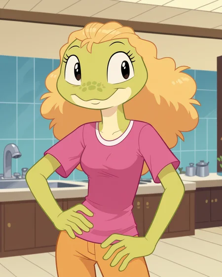 score_9, score_8_up, score_7_up, 1girl, solo, megan, frog anthro, cute, blonde hair, puffy hair, clothes, looking at viewer, hand on hip, cowboy shot, vector, by perpleon, BREAK, detailed background, indoors, <lora:Perpleon_PDXL:1>,