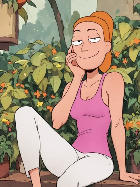, looking at viewer, alien world,<lora:SummerPony1.0:0.9>,summer.smith, orange hair, 1girl, ponytail, solo, pink tank top, white pants, smile,sitting, hand on own face, score_9, score_8_up, score_7_up, score_6_up