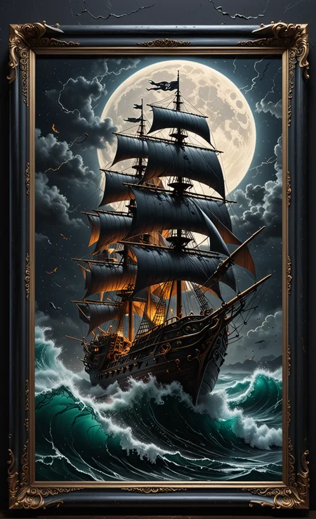 A glass Frame sculpture, concealed inside the Cube is a large Pirate Ship in a Lightning storm, large waves, (Pirate ship emerges out of the frame), in the dark, detailed image, 8k high quality detailed, the moon, shaped Cube, amazing wallpaper, digital painting highly detailed, 8k UHD detailed oil painting, beautiful art UHD, focus on full glass sphere, bokeh, background Modifiers: extremely detailed Award winning photography, fantasy studio lighting, photorealistic very attractive beautiful imperial colours ultra detailed 3D, (Very Intricate), UHD, <lora:3D_Framed_Wall_Art_-_By_DICE:1>, (3D Framed, Mega Details)