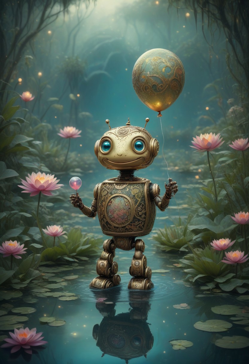 manuka robot, cute, fantasy, happy, holding a balloon, at a pond with waterlilies and frogs,,intricate details, 8k, cinematic film still, ultra sharp