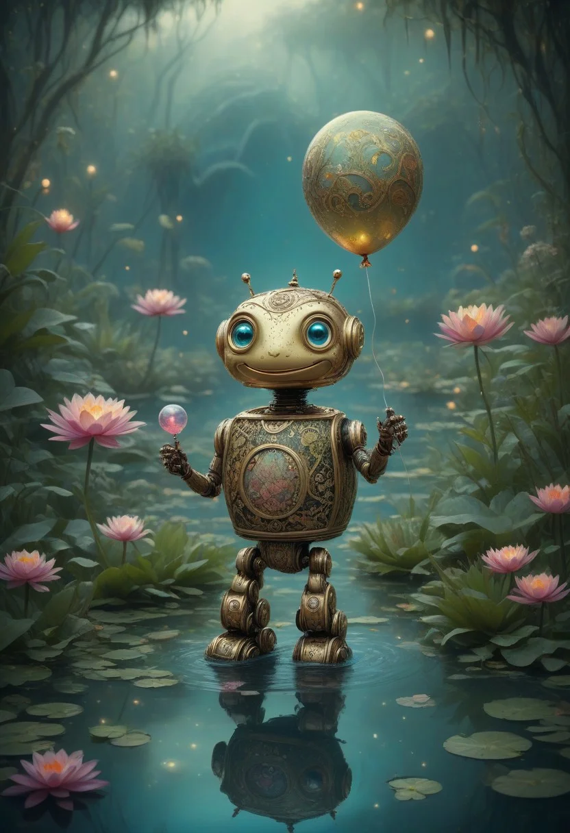 manuka robot, cute, fantasy, happy, holding a balloon, at a pond with waterlilies and frogs,,intricate details, 8k, cinematic film still, ultra sharp