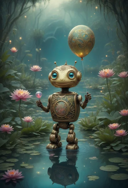 manuka robot, cute, fantasy, happy, holding a balloon, at a pond with waterlilies and frogs,,intricate details, 8k, cinematic film still, ultra sharp