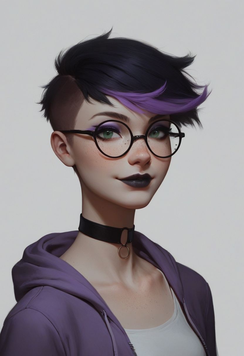(Realistic Lighting:1.0), score_9, score_8_up, score_7_up, score_6_up, score_5_up, score_4_up score_9,score_8_up,
masterpiece, 1girl, sexy 18 year old tomboy, perfect body, fair skin, green eyes, cute face, freckles, small breasts, long legs, abs
choker, black lipstick, purple eyeshadow, eyeliner, mascara, firm butt, round ass, smile, black hair, glasses
two-tone hair, purple IncursioDipDyedHair, pixie cut purple hair
1girl, solo, looking at viewer, green eyes, closed mouth, upper body, lips, wind, portrait, nose, cropped purple hoodie