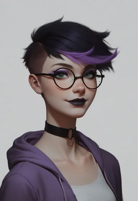 (Realistic Lighting:1.0), score_9, score_8_up, score_7_up, score_6_up, score_5_up, score_4_up score_9,score_8_up,
masterpiece, 1girl, sexy 18 year old tomboy, perfect body, fair skin, green eyes, cute face, freckles, small breasts, long legs, abs
choker, black lipstick, purple eyeshadow, eyeliner, mascara, firm butt, round ass, smile, black hair, glasses
two-tone hair, purple IncursioDipDyedHair, pixie cut purple hair
1girl, solo, looking at viewer, green eyes, closed mouth, upper body, lips, wind, portrait, nose, cropped purple hoodie
