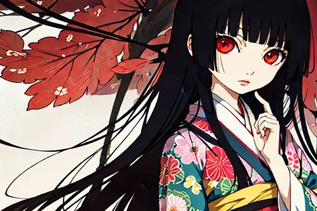 enma ai, hair down, hair black, bangs, eyes red, masterpiece, best quality, ultra-detailed, illustration, 1girl, solo, highres, photorealistic, ultra high res, (Original illustration composition), (fusion of limited color,Maximalism artstyle, kimono obi fashion, double exposure, background, illustration, Amazing, lily spider, night darkness, open one's mouth, middle finger show