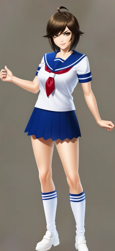 1girl, solo, full body, smile, smug, looking at viewer, <lora:MarvelUltAlly3-000010:1>, marvel ultimate alliance 3, simple background, 3d render, cel shading, animification, <lora:Naegi_Komaru_v3-000008:0.949>, naegi komaru, brown hair, short hair, (ahoge), (white serafuku), blue sailor collar, red neckerchief, blue skirt, kneehighs, loafers,