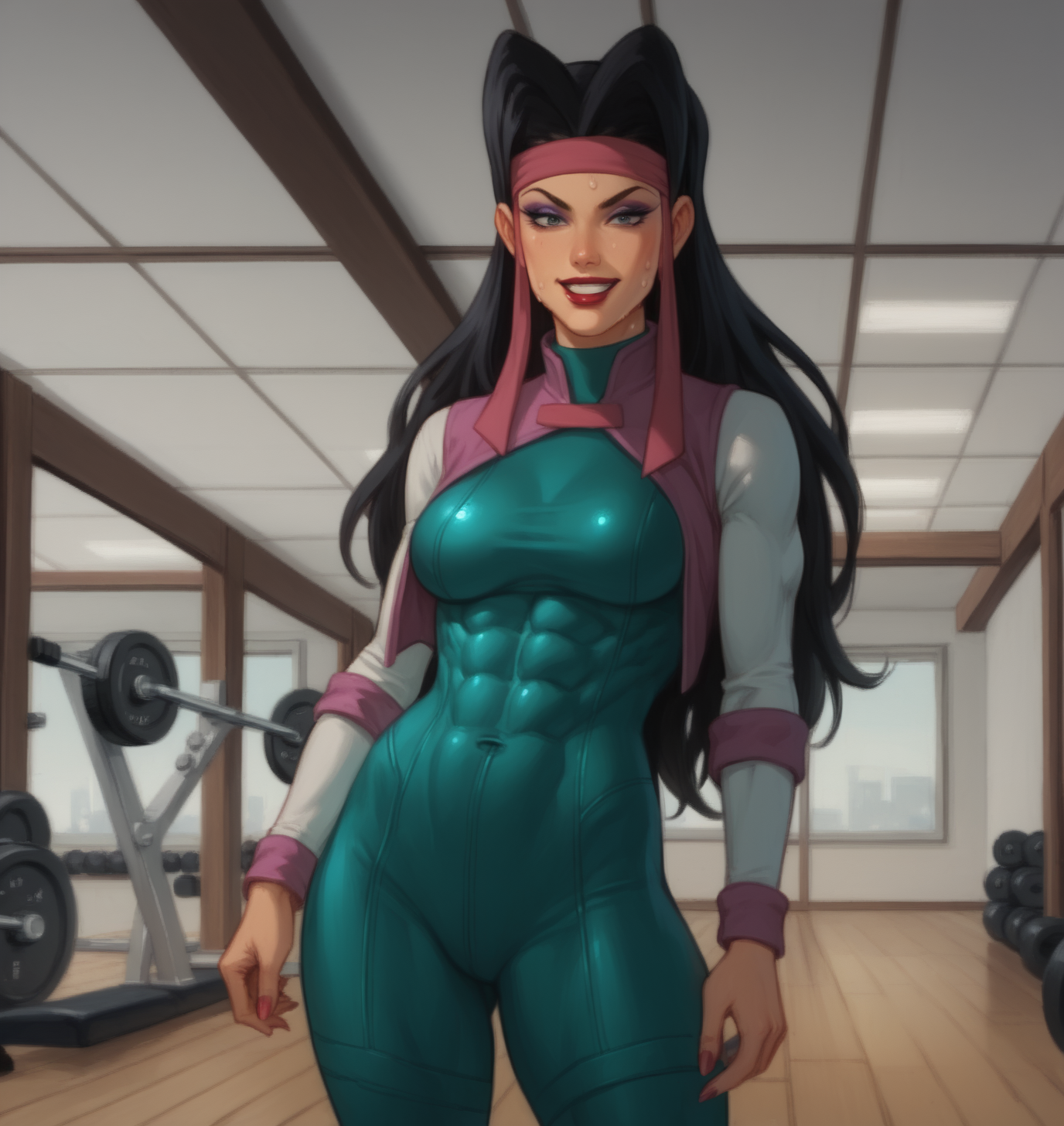 score_9, score_8_up, score_7_up, score_6_up, Detailed Background, BREAK
 <lora:Shreeka_TMNT_for_PonyXL:0.6>, shreeka, long hair, 1girl, black hair, bodysuit, headband, lipstick, makeup, BREAK
splits, gym, fitness, sweat, grin, athletic, muscular, workout