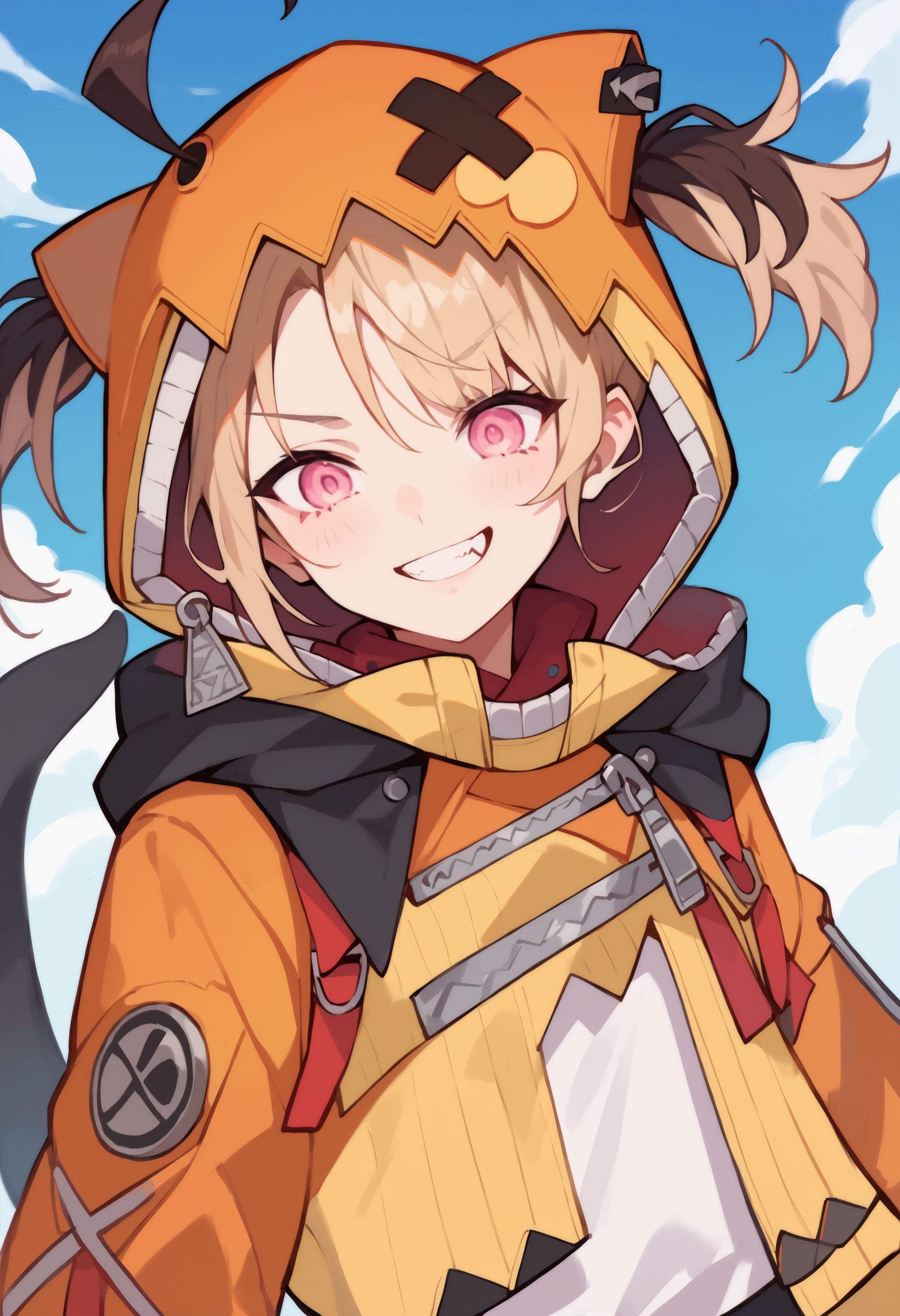 score_9, score_8_up, score_7_up, uncensored, source_anime, 1girl,  <lora:spgigiMurinXLPony:1> murin1st, twintails, tail, animal hood, hood up, orange jacket, yellow jacket, striped clothes, black gloves, fingerless gloves, white shirt, black shorts, bike shorts, upper body, smile, faint smile