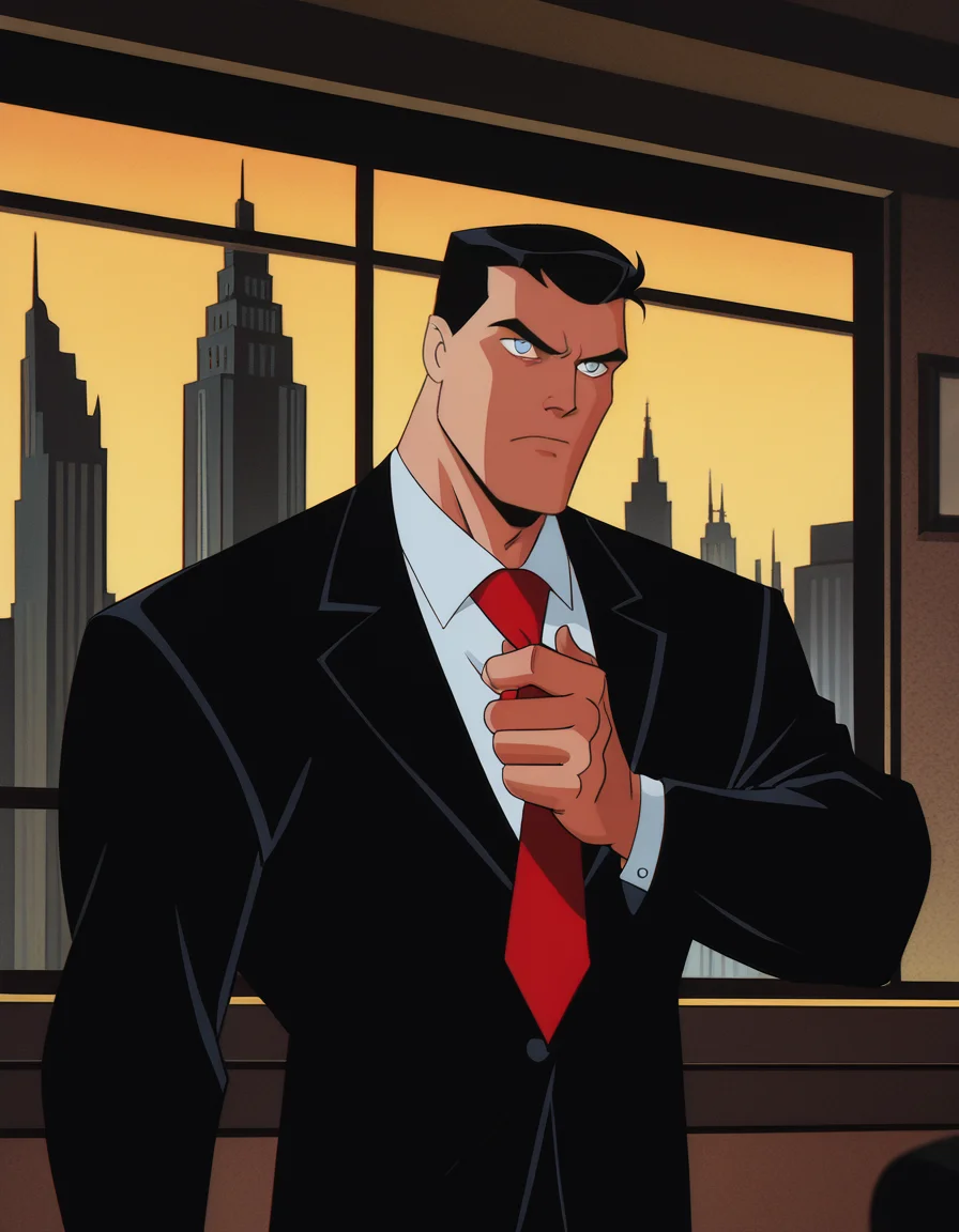 masterpiece, best quality, amazing quality, 1boy, dcaustyle, bruce wayne, black suit jacket, red necktie, blue eyes, muscular male, serious, adjusting necktie, office, window, gotham city, yellow sky, in a luxury art deco office, retro artstyle