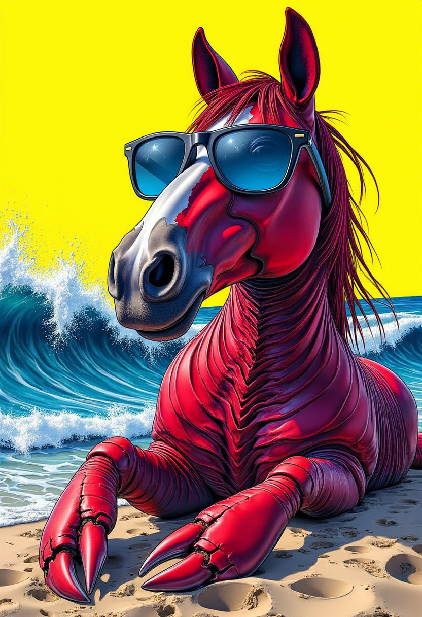 intricate yfg-patt3rn of, A digital illustration in a vibrant, gothic style. A Horse wearing cool sunglasses, lounging on a sandy beach with waves crashing behind. The lobster's red shell gleams in the sunlight, and its oversized sunglasses reflect the bright blue sky. In the style of hauntingly atmospheric dark fantasy, VHS, horror, 80's horror with vibrant colors the background is a solid, bright yellow, which contrasts sharply with vivid colors, stand out vividly, the overall composition is dynamic, high quality, ultra detailed, colorful, grainy, cyberpunk fantasy.