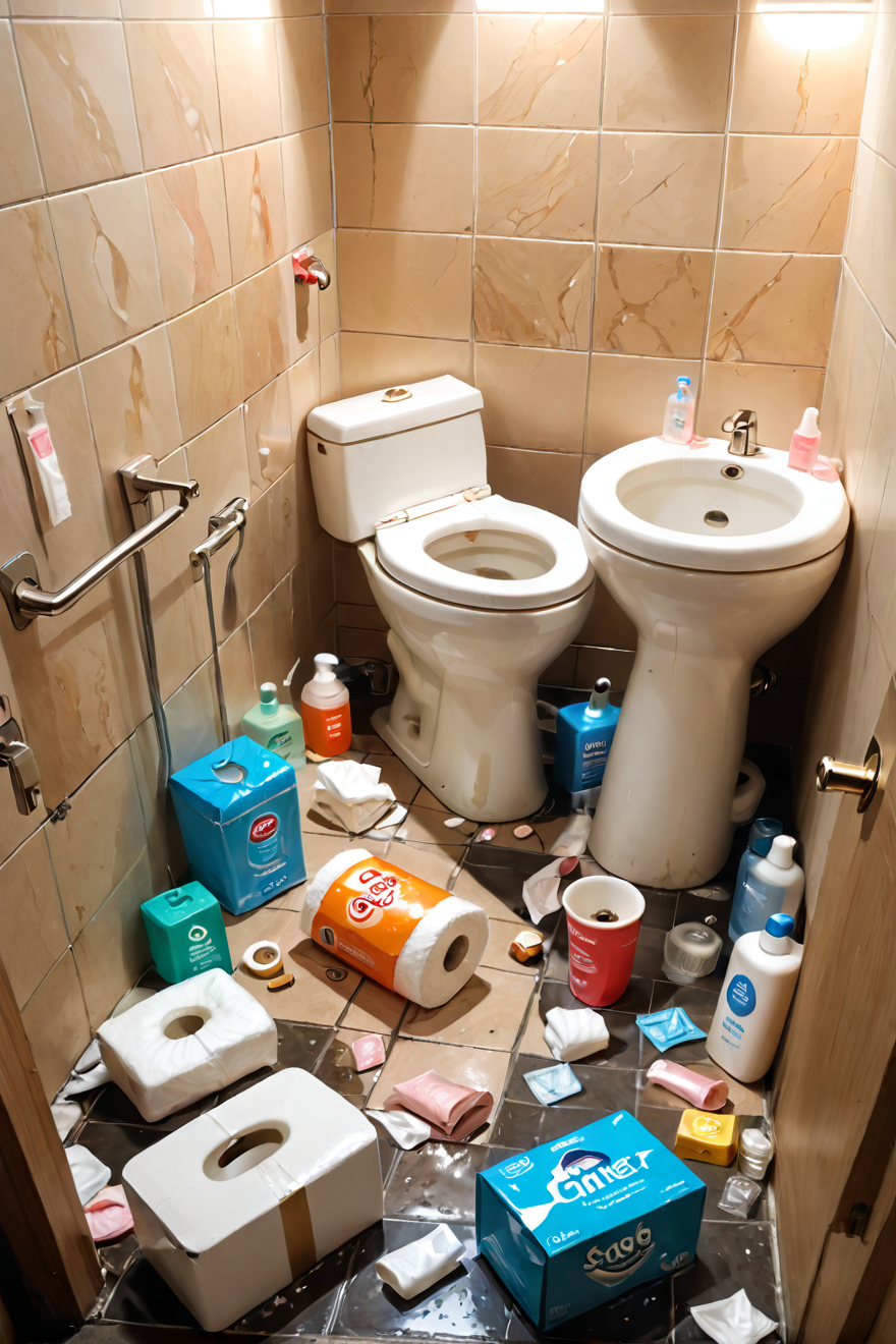 ( highly professional, dramatic lighting, extremely beautiful:1.4),masterpiece,high quality,highres,hyper detailed,(intricate details, masterpiece, best quality:1.4),(8k, RAW photo, highest quality),hyper realistic,intricate abstract,intricate artwork,abstract style,highly detailed,(intricate details),hdr,(intricate details, hyper detailed:1.2),cinematic shot,extremely high-resolution details,photographic,realism pushed to extreme,fine texture,incredibly lifelike,,,ruanyi0181,indoors,toilet,no humans,bottle,box,bucket,cardboard box,condom,condom wrapper,cum,cup,electrical outlet,faucet,lotion bottle,multiple condoms,shower head,soap,soap bottle,tile floor,tile wall,tiles,tissue,tissue box,toilet paper,toothbrush,towel,trash can,used condom,used tissue,water,dim lighting,night,dark,<lora:WildcardX-XL-Detail-Enhancer:1>,<lora:0181 dirty toilet_xl_v2:1>