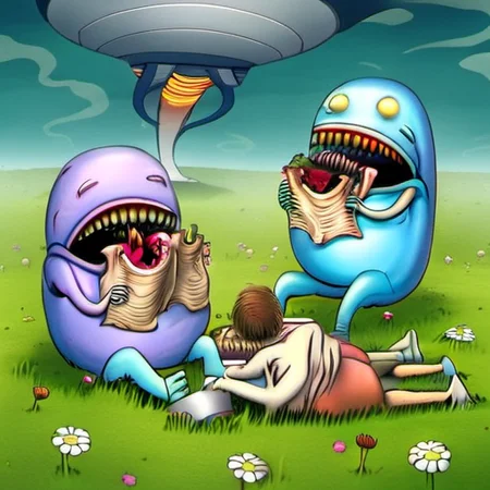 happy Aliens having a picnic in a meadow and eating a (mans body), a spaceship in the background <lora:rob_sheridan_drawing_style:1>